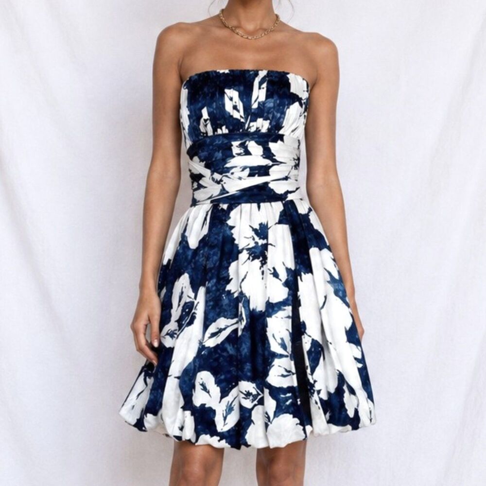 Vintage Y2K Blue White Floral Strapless Pleated Knee Length Silk Dress Size XS